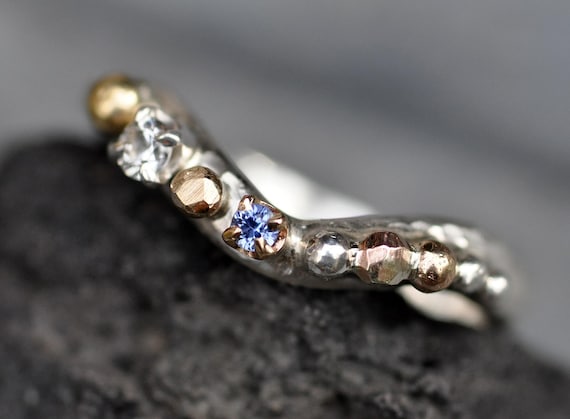 Montana Yogo Gulch and White Sapphire Recycled Sterling Silver Gold Hammered Wave Ring Size 7 Ready to Ship Handmade One of a Kind