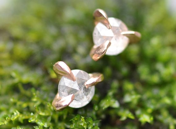 Rose Cut Diamond Slices in Handbuilt Recycled 14k or 18k White, Rose, or Yellow Gold Earrings- Made to Order Handmade