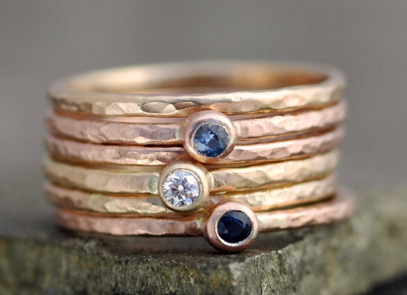 White Diamond and Sapphires on Thin Solid Recycled 14k Gold Stacking Engagement Rings-  Made to Order Handmade