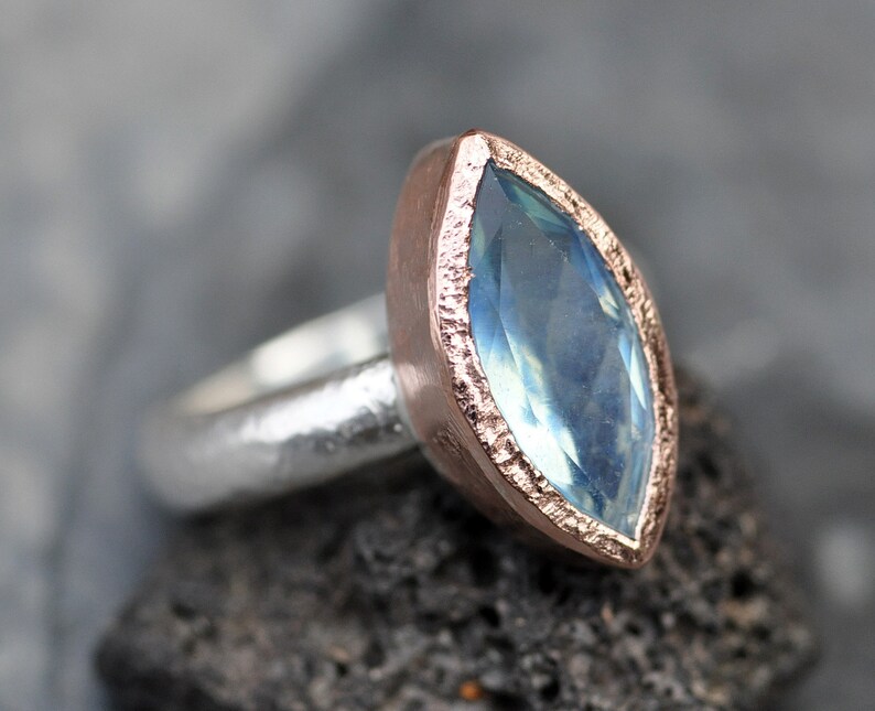 Faceted Aquamarine on Reticulated Sterling Silver Ring with Rose Gold Made To Order Handmade image 2