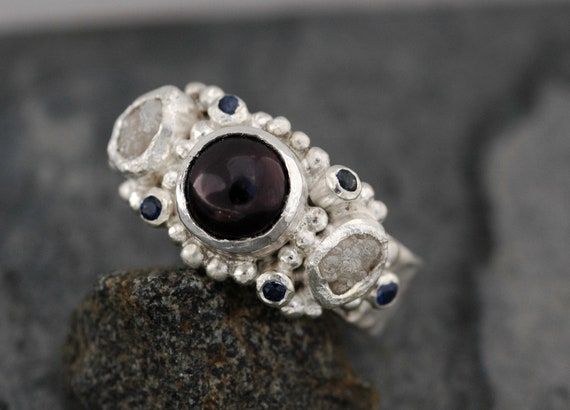 Rough Diamond, Sapphire and Black Pearl Engagement Ring- Made to Order