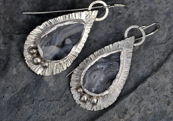 Desert Rose Silver Gray Chrystal Chalcedony and Sterling Silver Earrings Ready To Ship Handmade