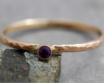 Amethyst on Thin Solid Recycled 14k Gold Stacking Engagement Ring- White or Yellow Gold Made to Order