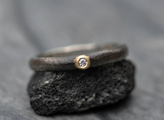 White Diamond on 18k Yellow Gold and Oxidized Reticulated Sterling Silver Band Size 7.5 Ready to Ship