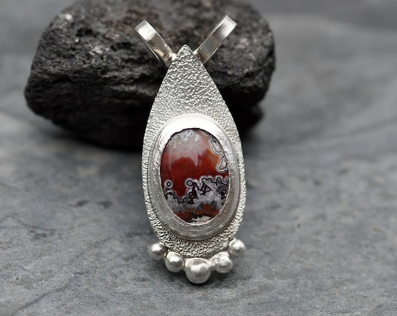 Crazy Lace Laguna Agate Pendant in Textured Sterling Silver- Made To Order Handmade