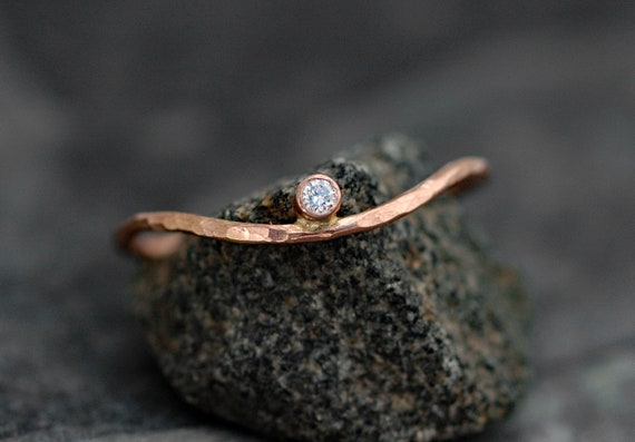 Hammered Wave Ring- White Diamond in Recycled 14k Rose Gold Ring- Made to Order Handmade
