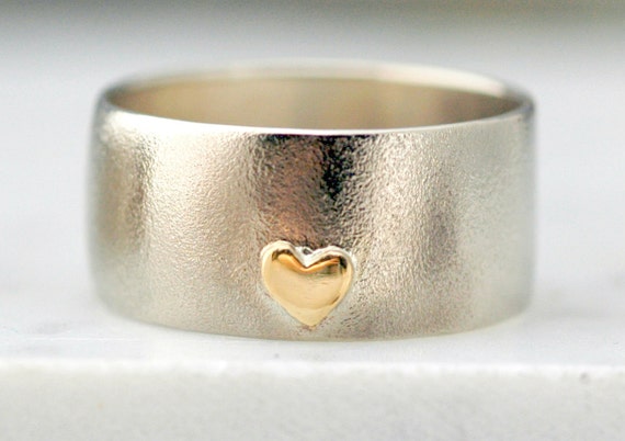 White Gold Wedding Band with Yellow Gold Heart- Custom Made Handmade