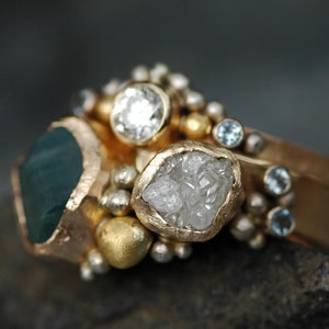 Multistone Raw Aquamarine, Rough and Cut Diamond Recycled Gold Stacking Ring Set Two Custom Made Rings Handmade image 6