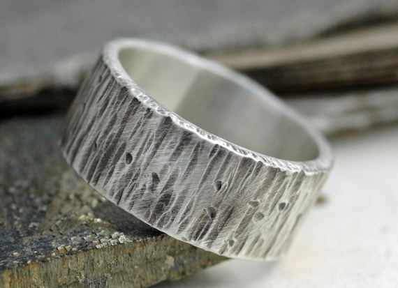 Thick Birch Bark Textured Oxidized Sterling Silver Band- 3/8 Inch Custom