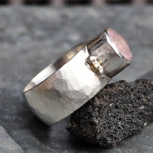 Pink Rose Quartz in Wide Band Sterling Silver Yellow Gold, Ring Ready to Ship Size 7.5 Handmade image 5