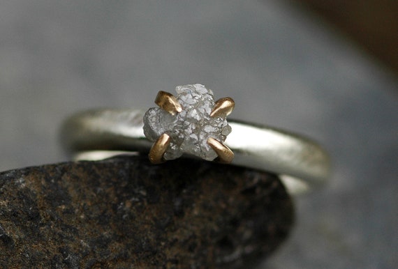 Yellow Gold and Brushed Sterling Silver Rough Grey Silver Diamond Ring- Made to Order