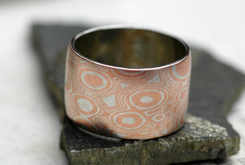 Mokume Gane Wide Band Ring in Argentium Silver and Copper Made to Order Wedding Ring image 1