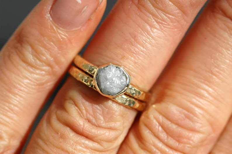 Large Bezel Setting Bezel-set Rough Large Diamond Engagement Ring and Wedding Band Set ...