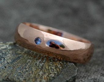 Thick 14k Gold Wedding Band With Flush Set Yogo Sapphire- Custom Made Recycled Gold Wide Ring Handmade