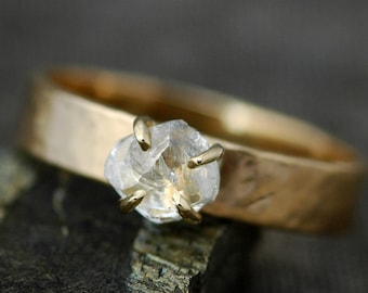 Engagement Ring- Transparent Raw Diamond on Wide Recycled Gold Band- Custom Made Engagement Ring