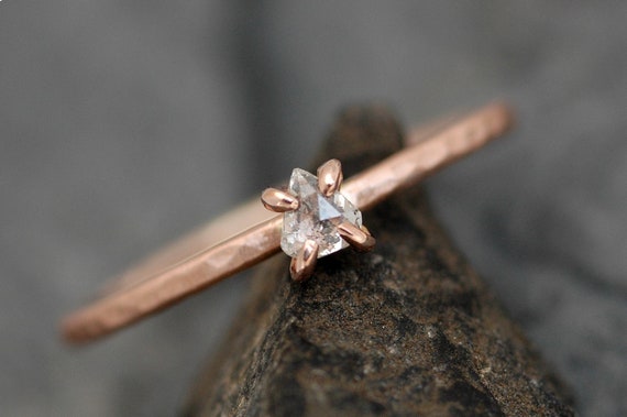 Rose Cut Clear White Diamond on Recycled 14k Rose Gold Hammered Band- Ready to Ship or Custom Made Engagement Ring