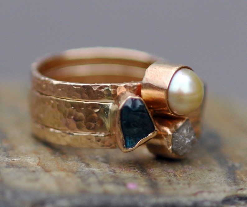 Multistone Three Stacking Rings- Custom 14k Gold Set With Pearl, Rough ...