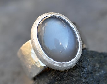 Reticulated Sterling Silver and Grey Moonstone Wide Band Ring Size 6.5 Fits Size 6 Ready to Ship