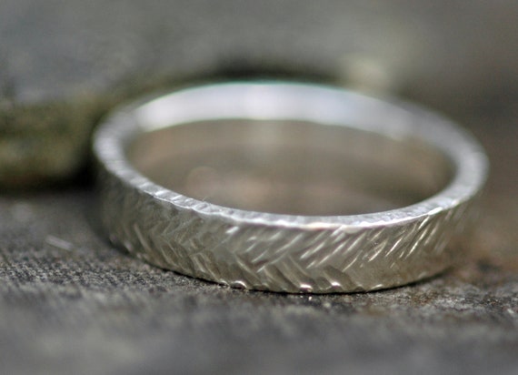 Thick Sterling Silver Band-  Herringbone Texture Sterling Silver Handmade