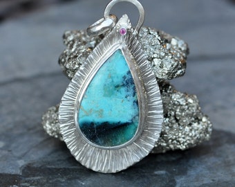 Blue Opalized Wood and Ruby Sterling Silver Pendant Ready To Ship