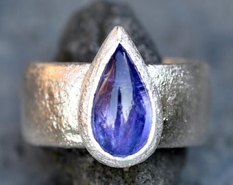 Tanzanite and Reticulated Silver Wide Band Ring Handmade Made To Order