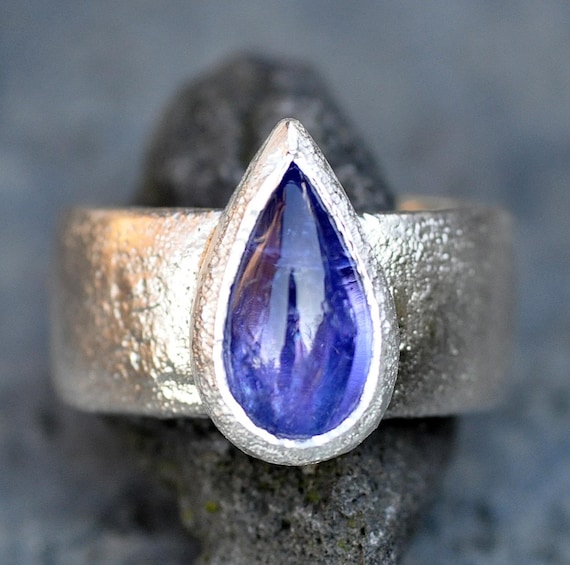 Tanzanite and Reticulated Silver Wide Band Ring Handmade Made To Order