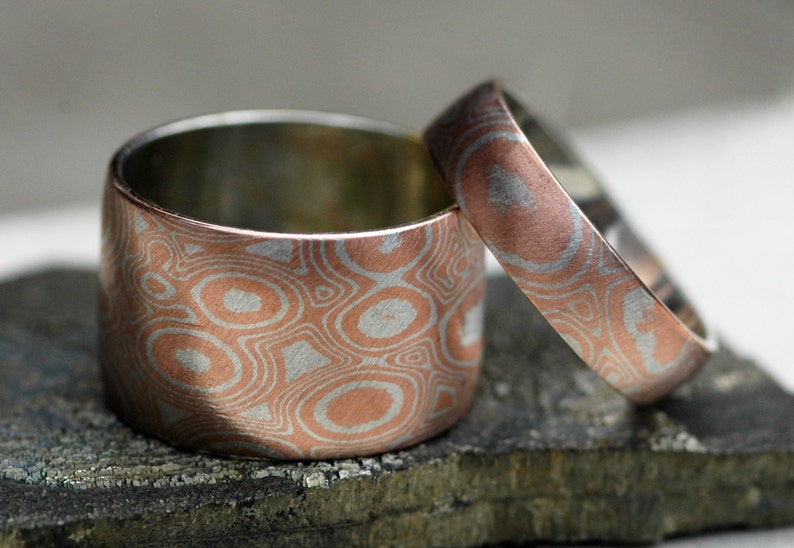 Mokume Gane Wide Band Ring in Argentium Silver and Copper Made to Order Wedding Ring image 4