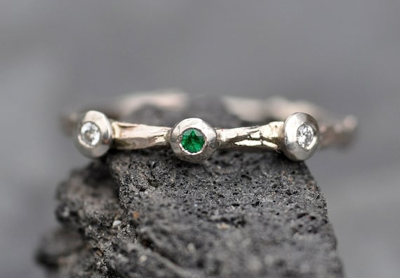 Emerald, Diamond and 14k Gold Branch Ring- Twig Band, Custom Made Wedding or Engagement Ring in Yellow, White, or Rose Gold