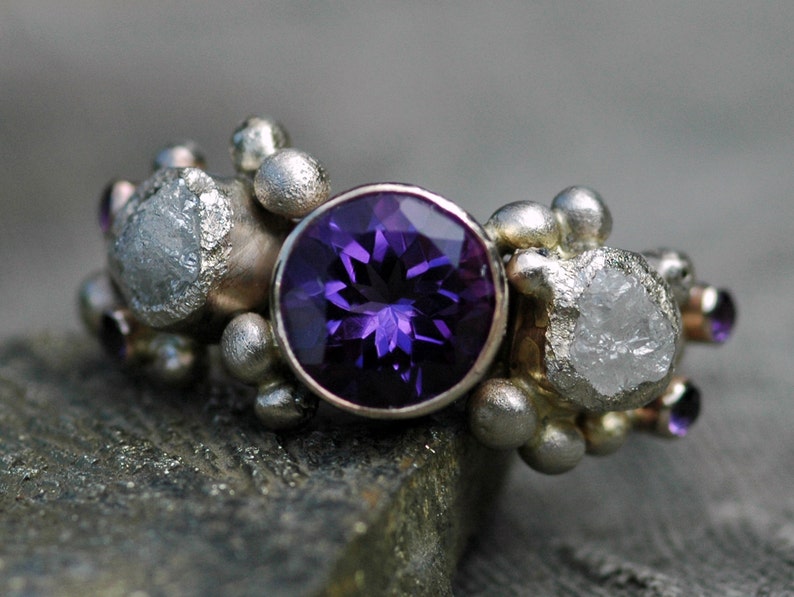 Amethyst Gemstone and Rough Diamond Ring in Recycled 14k or 18k White ...
