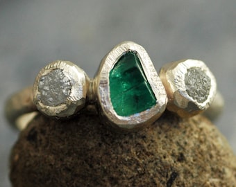 Rough Diamond and Raw Colombian Emerald on Recycled 14k or 18k Yellow, Rose, or White Gold Ring- Hammered Band- Made to Order