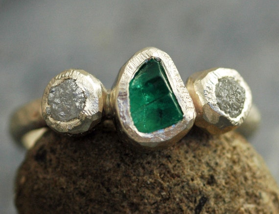 Rough Diamond and Raw Colombian Emerald on Recycled 14k or 18k Yellow, Rose, or White Gold Ring- Hammered Band- Made to Order