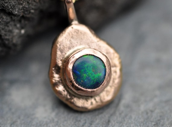 Australian Solid Black Opal in 14k Rose Gold Charm Pendant Necklace With or Without Mixed Gold Chain Handmade