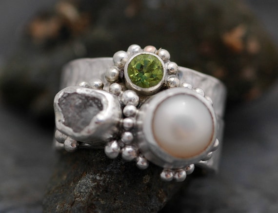 Freshwater Pearl, Rough Diamond, and Peridot Sterling Silver Ring Stack- Custom Made Engagement and Wedding Band Set