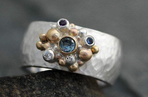 Multistone Aquamarine, Sapphire, Diamond, and Amethyst on Rose/Yellow Gold and Sterling Silver Hammered Band- Made to Order