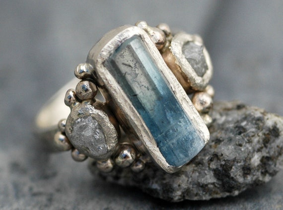 Raw Aquamarine and Diamond Ring in Recycled 14k or 18k  White, Yellow, or Rose Gold- Made to Order Handmade