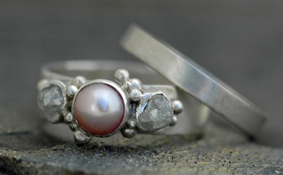 Rough Diamond and Pearl Engagement Band and Wedding Stacking  Ring Set- Custom Made Custom Colour