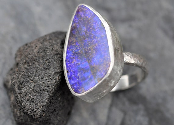 Australian Boulder Opal in Hammered Recycled Sterling Silver Ring Size 7.5 Ready to Ship Handmade