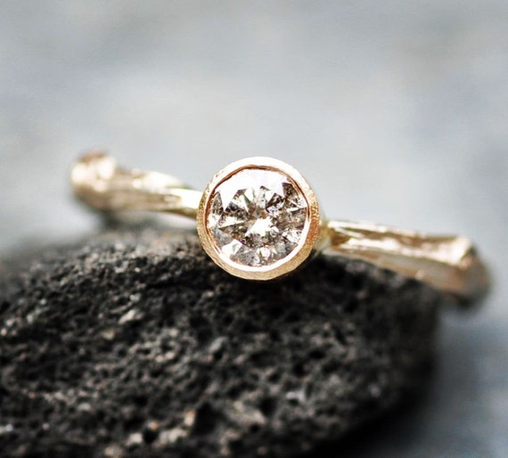 Salt and Pepper Diamond in Gold Twig Ring- made to order