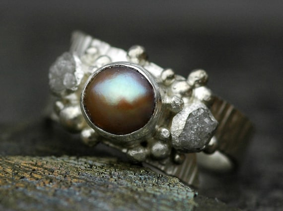 Raw Rough Diamonds and Copper Pearl in Textured Sterling Silver Ring- Custom Made