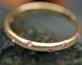 Recycled 18k or 14k Yellow Rose White Gold Band With Flush Set Pink Sapphires- Made to Order Handmade