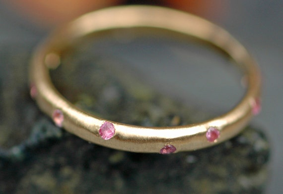 Recycled 18k or 14k Yellow Rose White Gold Band With Flush Set Pink Sapphires- Made to Order