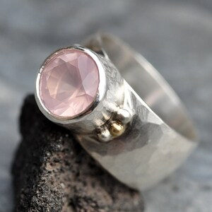 Pink Rose Quartz in Wide Band Sterling Silver Yellow Gold, Ring Ready to Ship Size 7.5 Handmade image 8