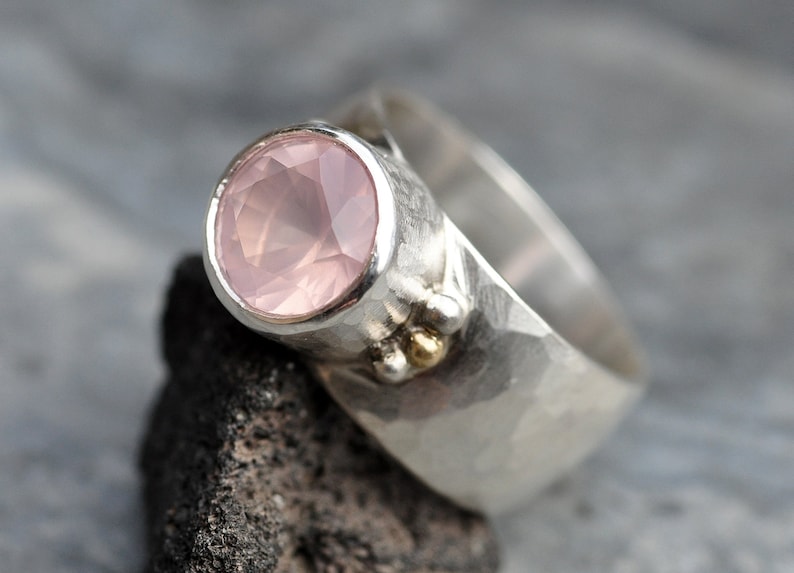 Pink Rose Quartz in Wide Band Sterling Silver Yellow Gold, Ring Ready to Ship Size 7.5 Handmade image 8
