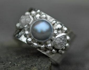 Raw Diamonds and Silver Grey Saltwater Pearl in Textured Sterling Silver Ring- Custom Made Handmade