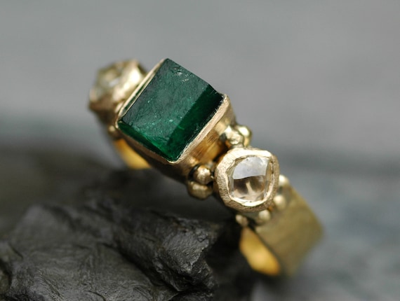 Raw Emerald Crystal, Conflict-free Rough Diamonds, Recycled 18k Yellow Gold Ring- Custom Made Reserved Listing