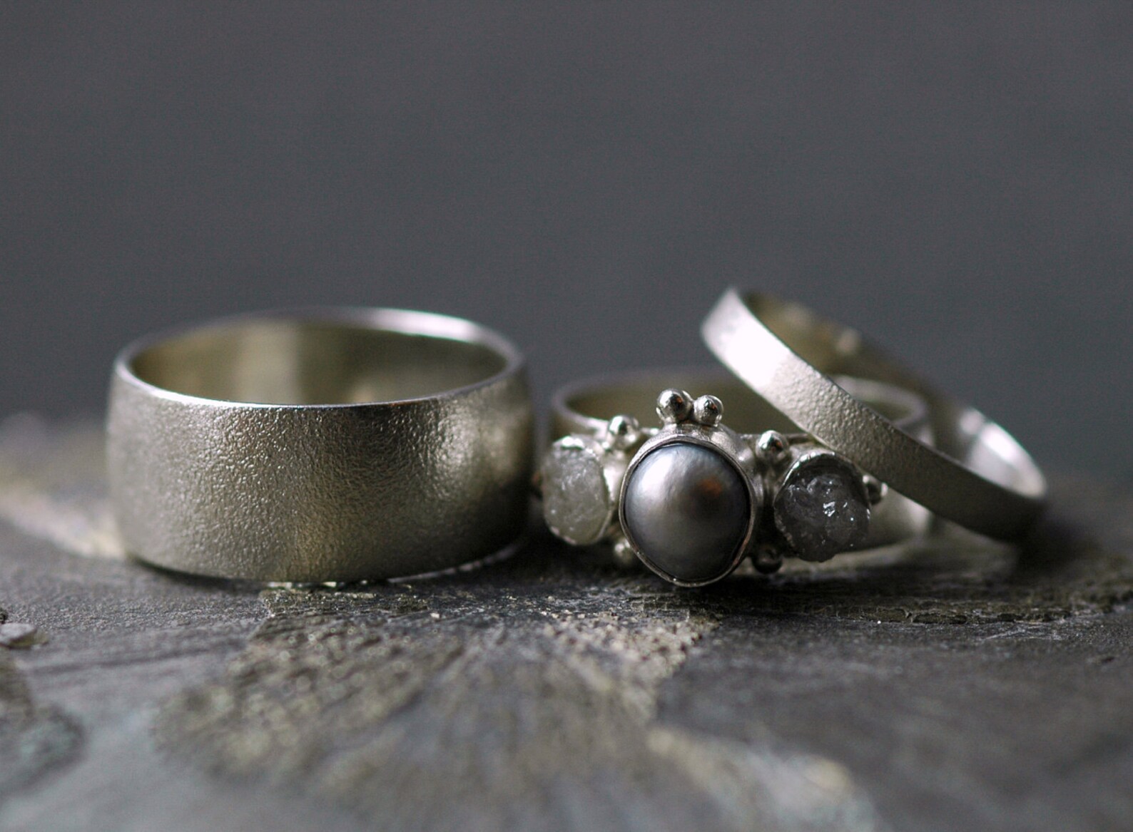 Three Ring Bridal Set Raw Rough Diamond and Pearl Engagement Etsy