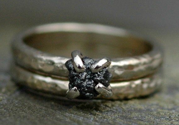 Engagement and Wedding Ring Set- Black Prong-Set Rough Diamond in Recycled 14k White or Yellow Gold Handmade