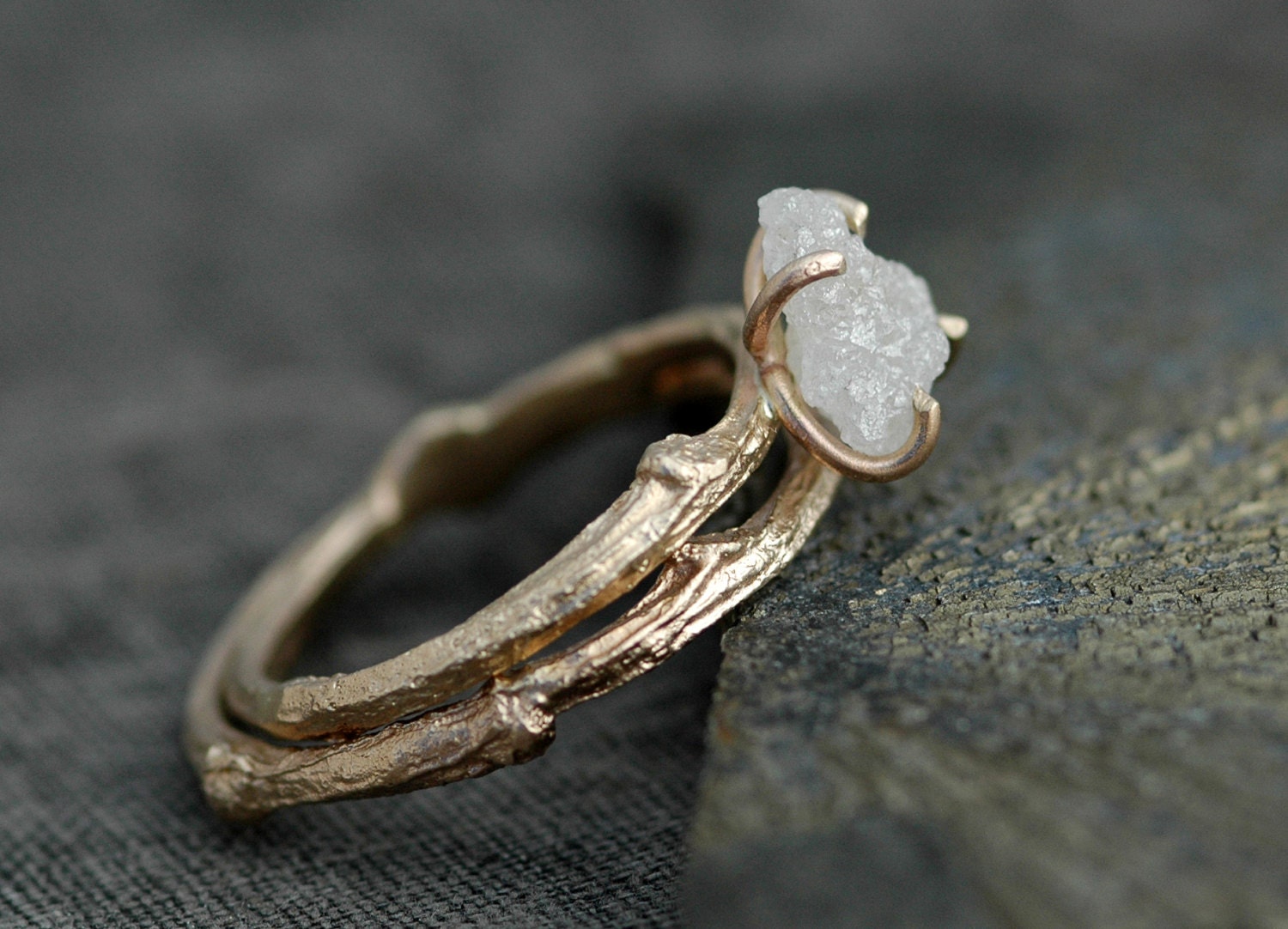 Twig and Maple Leaf Raw Diamond Ring Rose Gold - Doron Merav