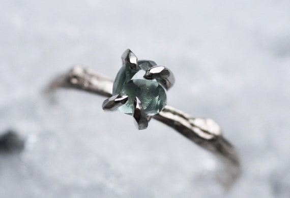 Sea Blue Raw Rough Uncut Diamond Gold Engagement Ring- Made to Order Handmade