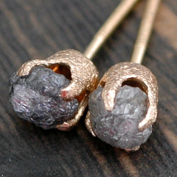 Rough Diamonds in Textured 14k Yellow Gold Post Earrings